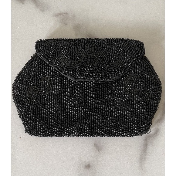 Antique Beaded Purse Clutch Black Beads Finger Loop on the Back Snap Closure
